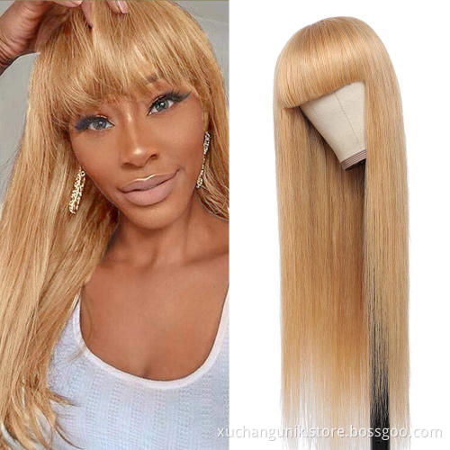 Uniky Honey Blond Human Hair Wigs with Bangs Brazilian Straight Hair Gold Wig Glueless None Lace Wigs for Women